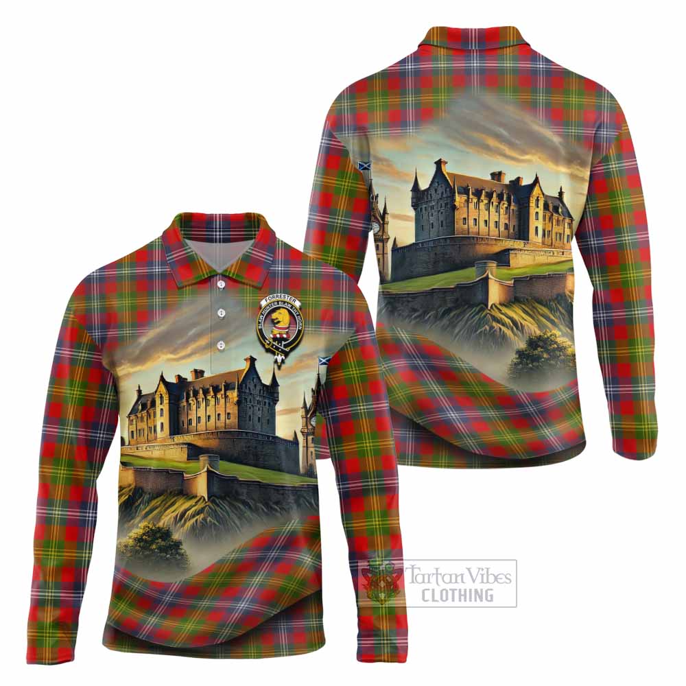 Tartan Vibes Clothing Forrester (Foster) Tartan Family Crest Long Sleeve Polo Shirt with Scottish Ancient Castle Style