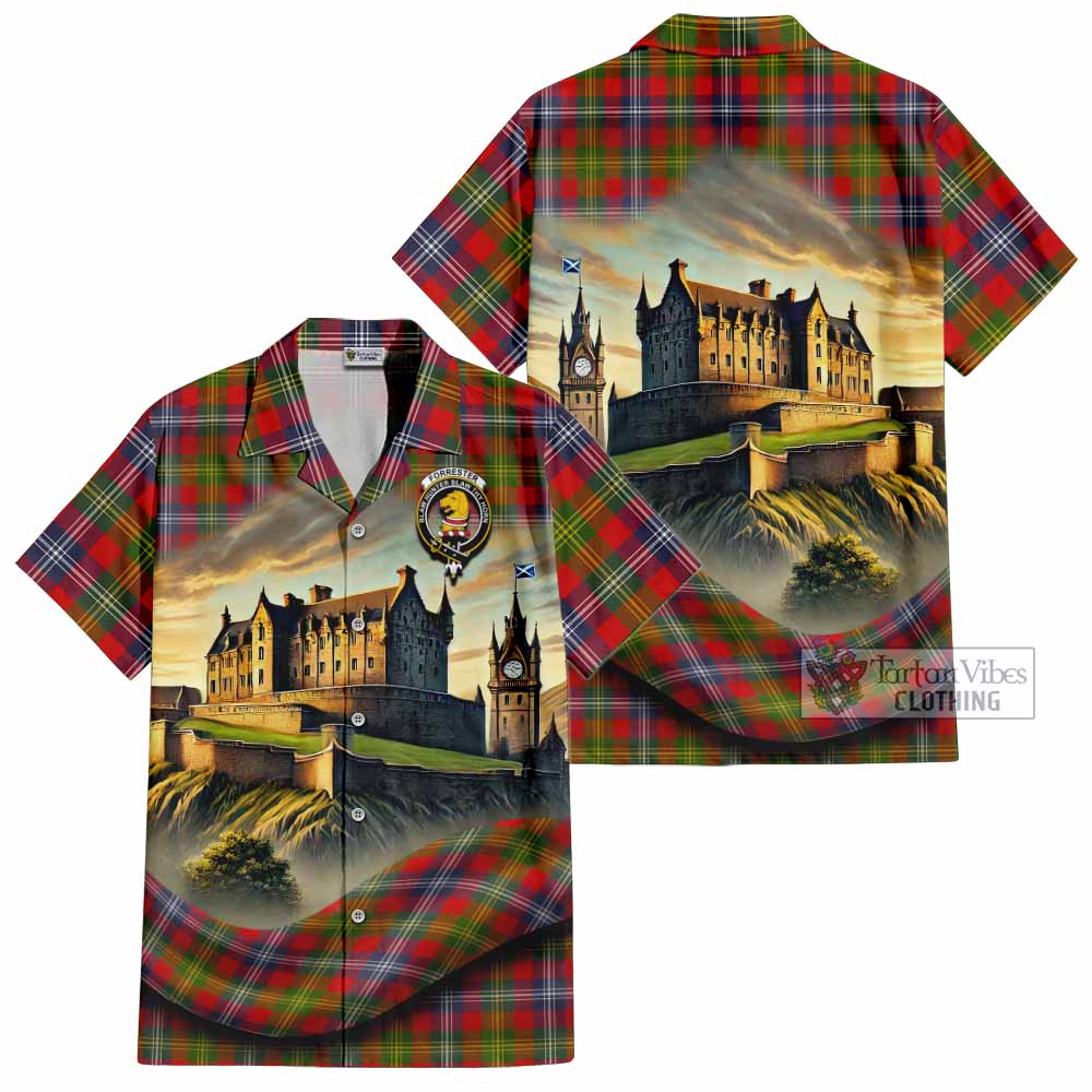 Tartan Vibes Clothing Forrester (Foster) Tartan Family Crest Short Sleeve Button Shirt with Scottish Ancient Castle Style
