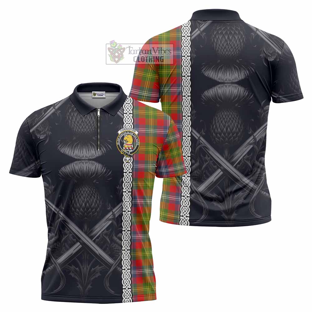 Tartan Vibes Clothing Forrester (Foster) Tartan Zipper Polo Shirt with Family Crest Cross Sword Thistle Celtic Vibes