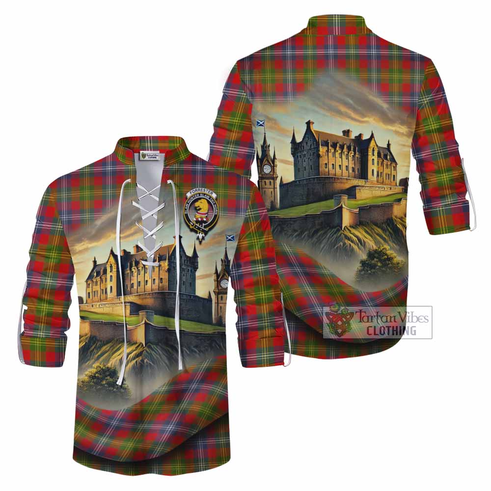 Tartan Vibes Clothing Forrester (Foster) Tartan Family Crest Ghillie Kilt Shirt with Scottish Ancient Castle Style