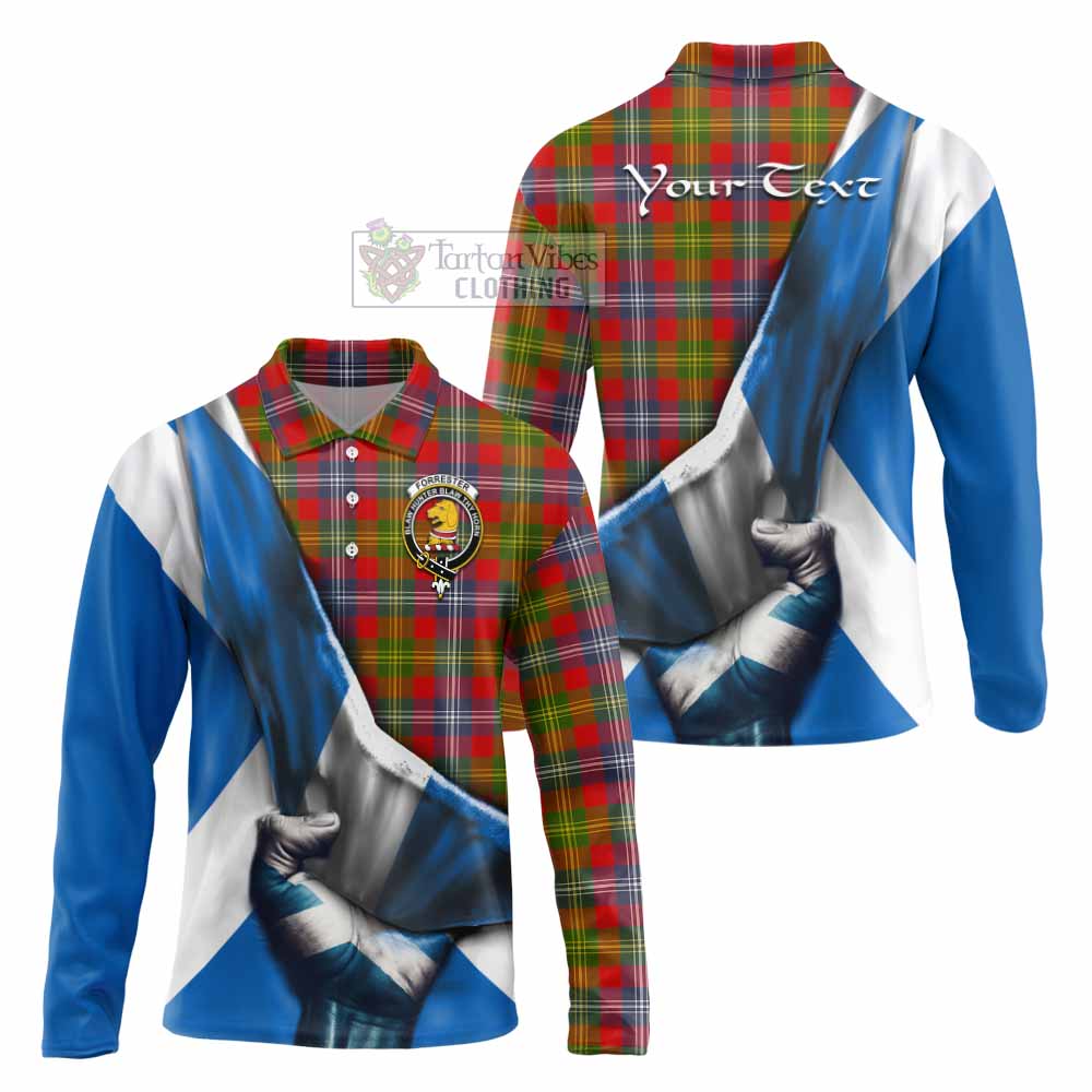 Tartan Vibes Clothing Forrester (Foster) Tartan Long Sleeve Polo Shirt with Family Crest Scotland Patriotic Style