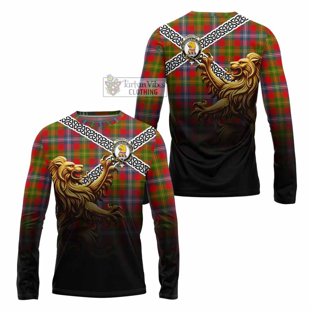 Tartan Vibes Clothing Forrester (Foster) Crest Tartan Long Sleeve T-Shirt with Golden Lion Emblem Celtic Style