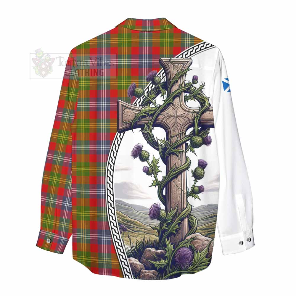 Tartan Vibes Clothing Forrester (Foster) Tartan Women's Casual Shirt with Family Crest and St. Andrew's Cross Accented by Thistle Vines