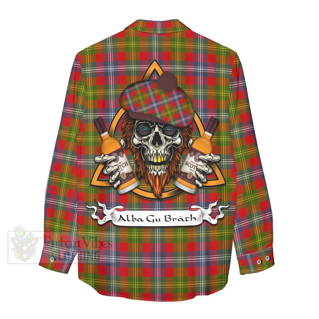 Tartan Vibes Clothing Forrester (Foster) Tartan Women's Casual Shirt with Family Crest and Bearded Skull Holding Bottles of Whiskey