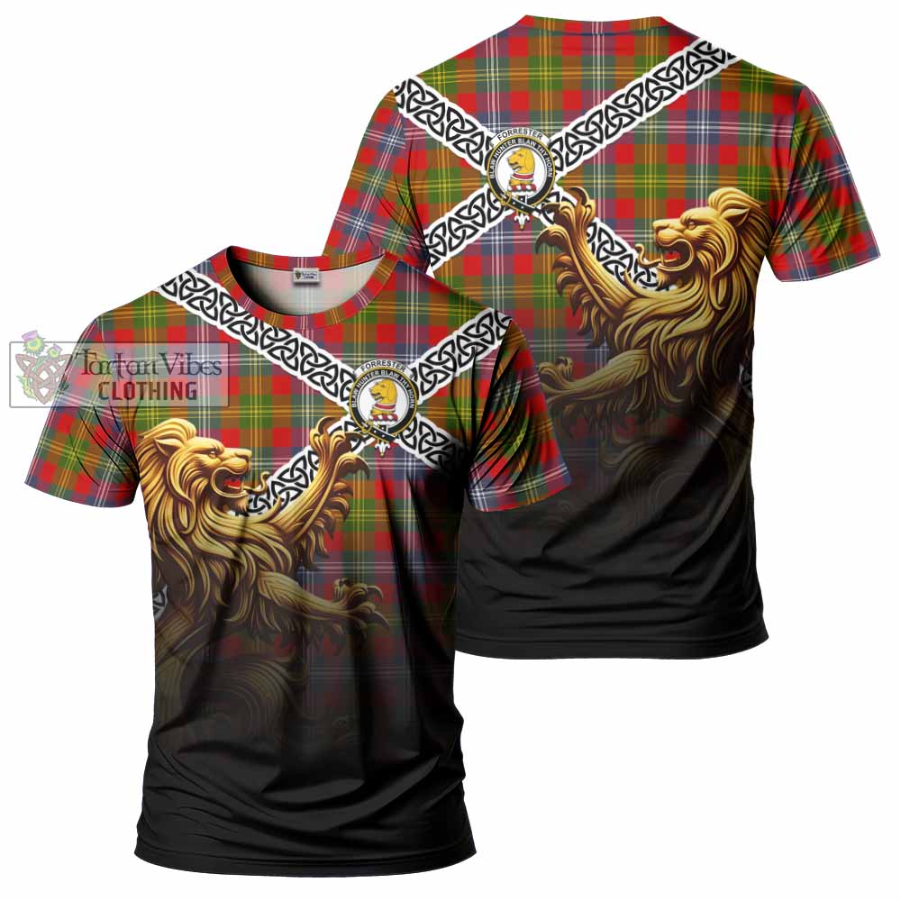Tartan Vibes Clothing Forrester (Foster) Crest Tartan T-Shirt with Golden Lion Emblem Celtic Style