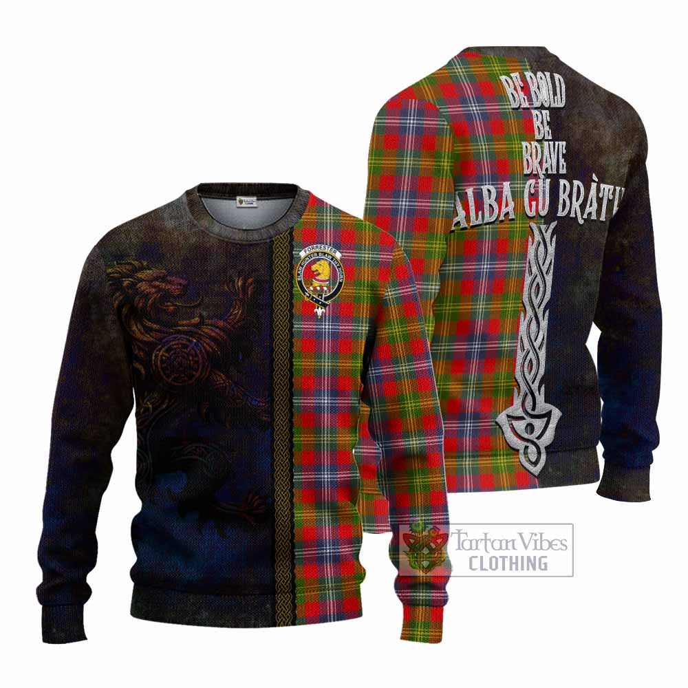 Tartan Vibes Clothing Forrester (Foster) Tartan Family Crest Knitted Sweater Alba Gu Brath Be Brave Lion Ancient Style