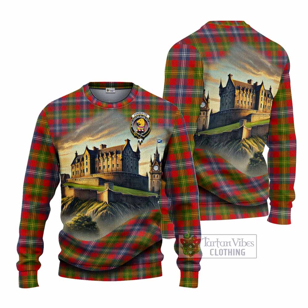 Tartan Vibes Clothing Forrester (Foster) Tartan Family Crest Knitted Sweater with Scottish Ancient Castle Style