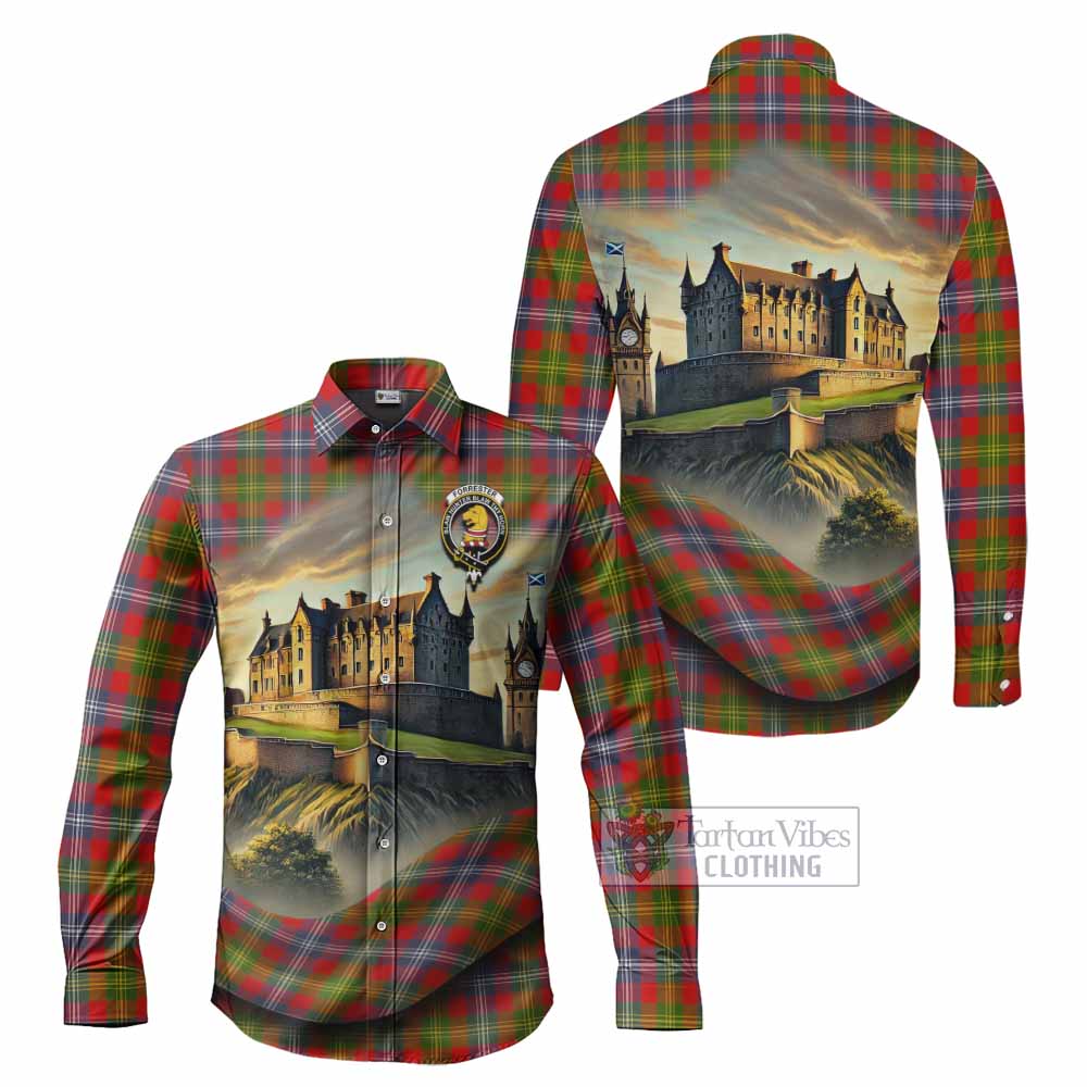 Tartan Vibes Clothing Forrester (Foster) Tartan Family Crest Long Sleeve Button Shirt with Scottish Ancient Castle Style