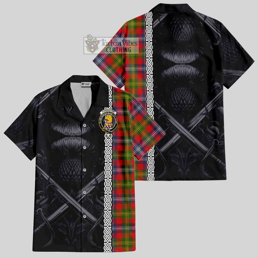 Tartan Vibes Clothing Forrester (Foster) Tartan Short Sleeve Button Shirt with Family Crest Cross Sword Thistle Celtic Vibes