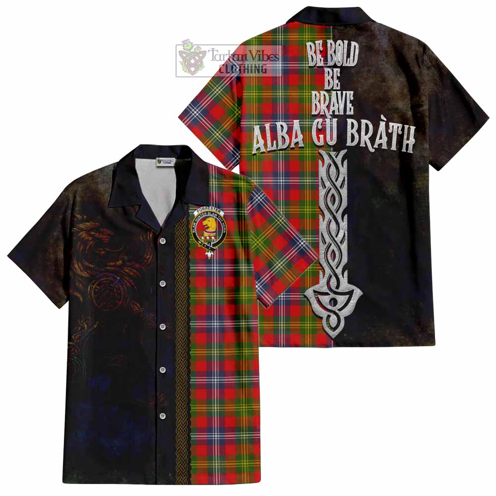 Tartan Vibes Clothing Forrester (Foster) Tartan Family Crest Short Sleeve Button Shirt Alba Gu Brath Be Brave Lion Ancient Style