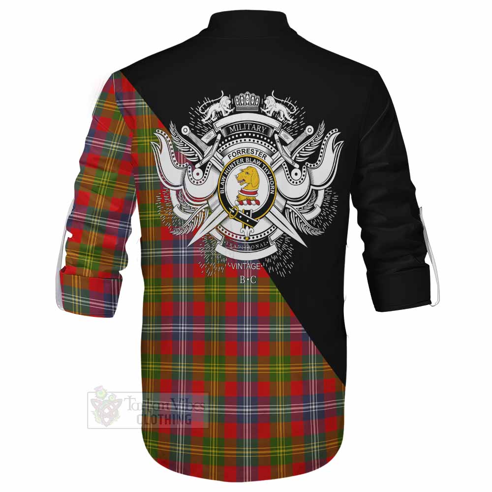 Tartan Vibes Clothing Forrester (Foster) Tartan Ghillie Kilt Shirt with Family Crest and Military Logo Style