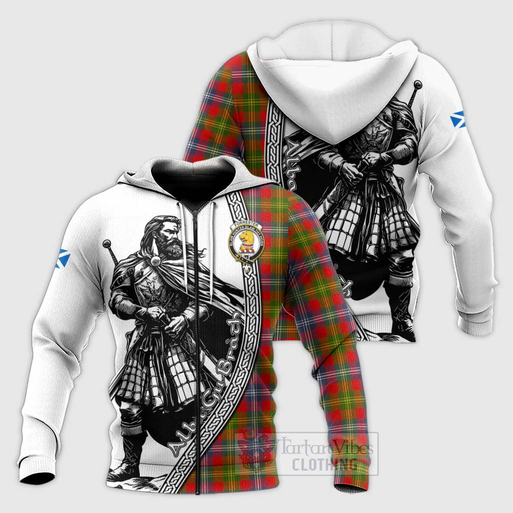 Tartan Vibes Clothing Forrester (Foster) Tartan Clan Crest Knitted Hoodie with Highlander Warrior Celtic Style