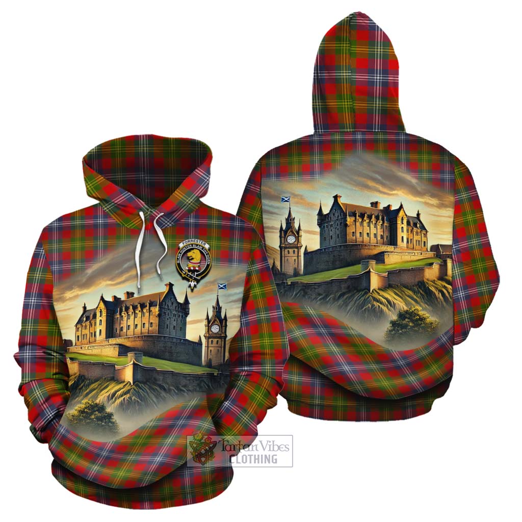 Tartan Vibes Clothing Forrester (Foster) Tartan Family Crest Cotton Hoodie with Scottish Ancient Castle Style