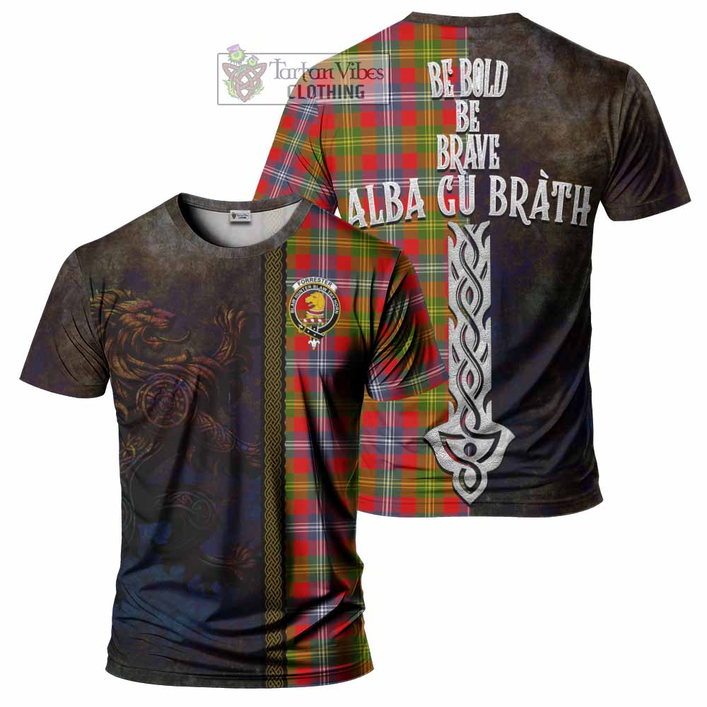 Tartan Vibes Clothing Forrester (Foster) Tartan Family Crest T-Shirt Alba Gu Brath Be Brave Lion Ancient Style