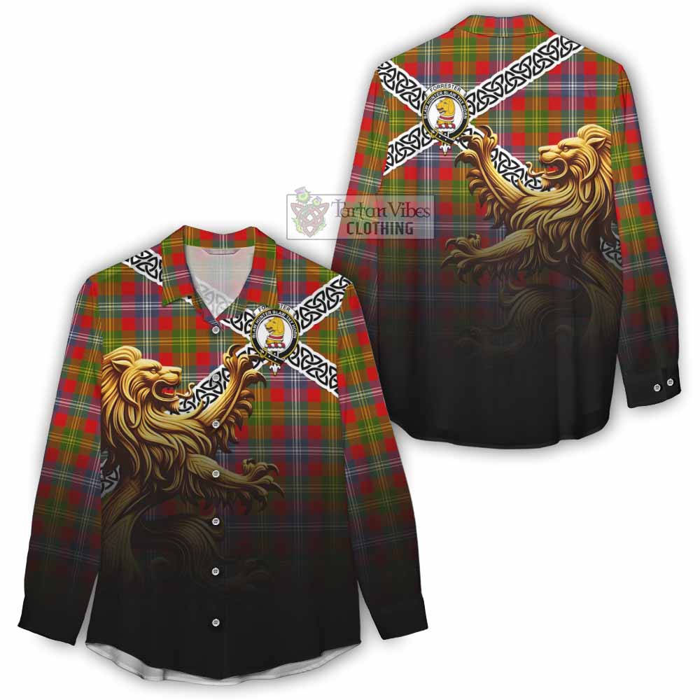 Tartan Vibes Clothing Forrester (Foster) Crest Tartan Women's Casual Shirt with Golden Lion Emblem Celtic Style