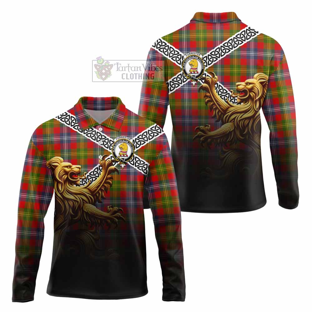 Tartan Vibes Clothing Forrester (Foster) Crest Tartan Long Sleeve Polo Shirt with Golden Lion Emblem Celtic Style