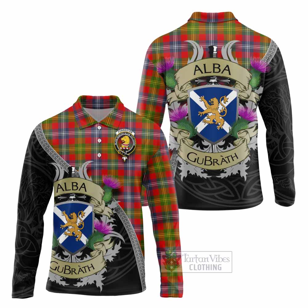 Tartan Vibes Clothing Forrester (Foster) Tartan Family Crest Long Sleeve Polo Shirt Lion Rampant Royal Thistle Shield Celtic Inspired