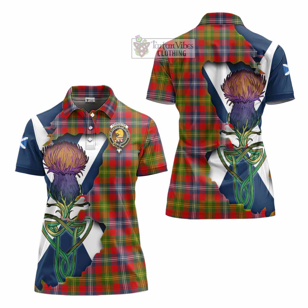 Tartan Vibes Clothing Forrester (Foster) Tartan Family Crest Women's Polo Shirt Scottish Thistle Celtic Inspired