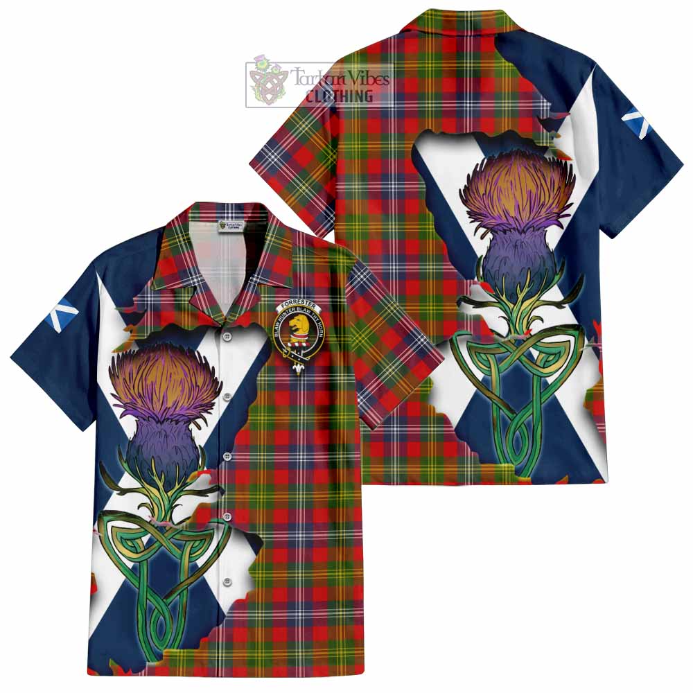 Tartan Vibes Clothing Forrester (Foster) Tartan Family Crest Short Sleeve Button Shirt Scottish Thistle Celtic Inspired