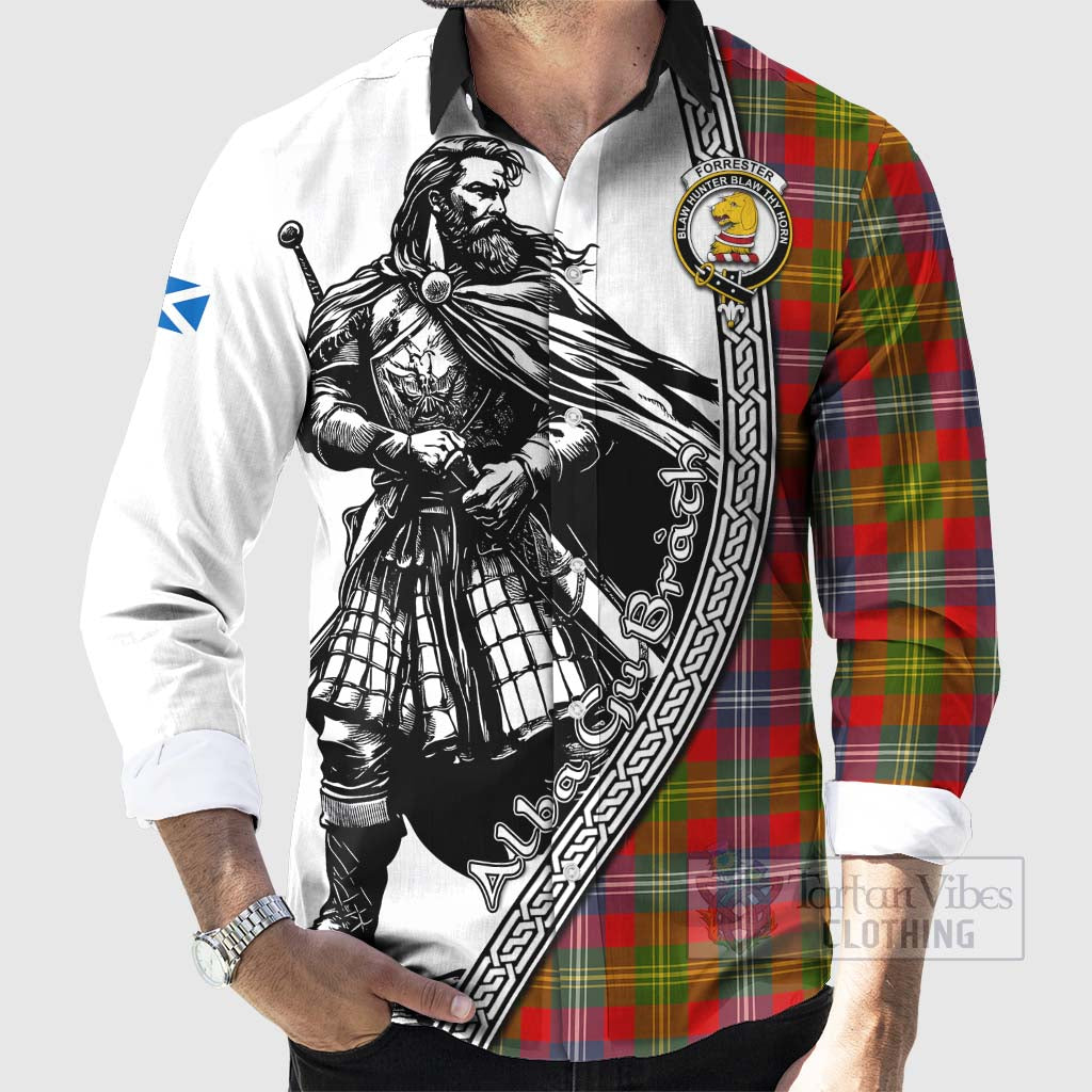 Tartan Vibes Clothing Forrester (Foster) Tartan Clan Crest Long Sleeve Button Shirt with Highlander Warrior Celtic Style