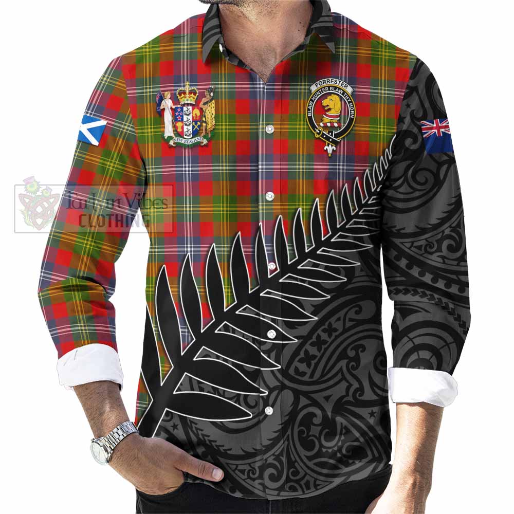 Tartan Vibes Clothing Forrester (Foster) Crest Tartan Long Sleeve Button Shirt with New Zealand Silver Fern Half Style
