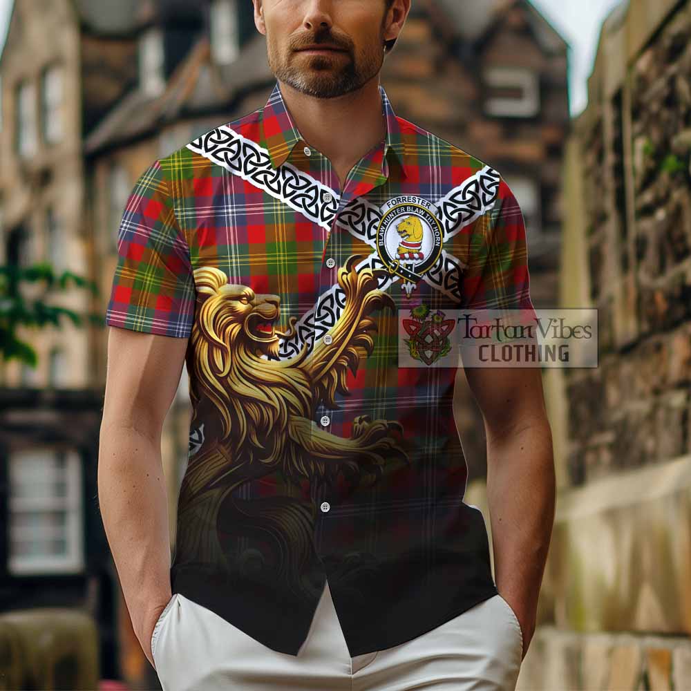 Tartan Vibes Clothing Forrester (Foster) Crest Tartan Short Sleeve Button Shirt with Golden Lion Emblem Celtic Style