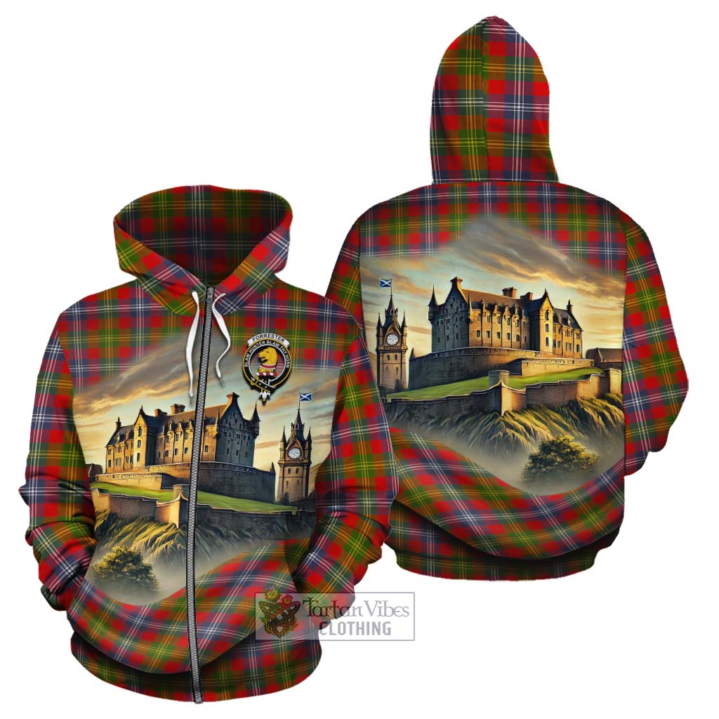 Tartan Vibes Clothing Forrester (Foster) Tartan Family Crest Cotton Hoodie with Scottish Ancient Castle Style