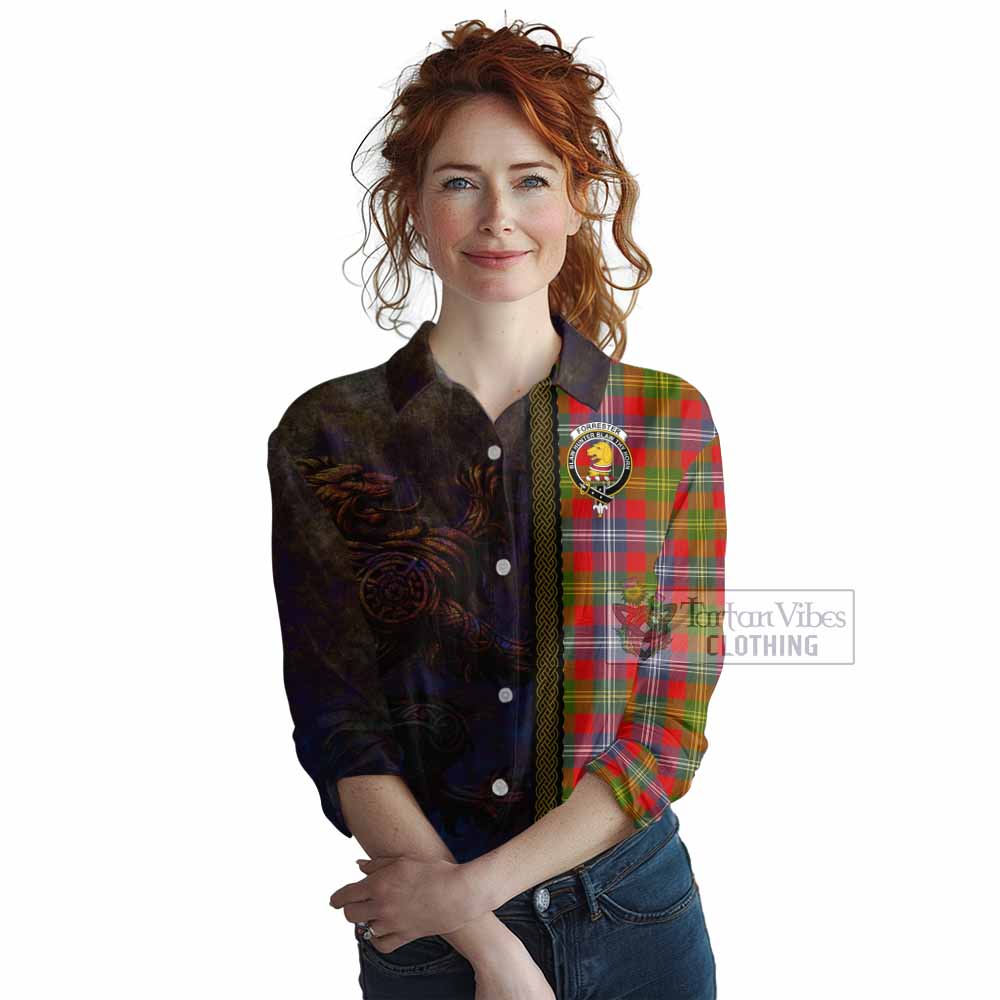 Tartan Vibes Clothing Forrester (Foster) Tartan Family Crest Women's Casual Shirt Alba Gu Brath Be Brave Lion Ancient Style