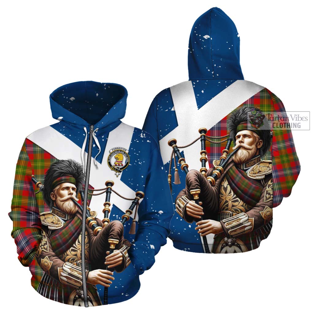Tartan Vibes Clothing Forrester (Foster) Tartan Cotton Hoodie with Family Crest Scottish Bagpiper Vibes