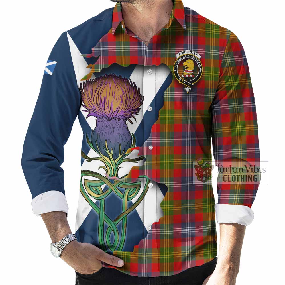 Tartan Vibes Clothing Forrester (Foster) Tartan Family Crest Long Sleeve Button Shirt Scottish Thistle Celtic Inspired