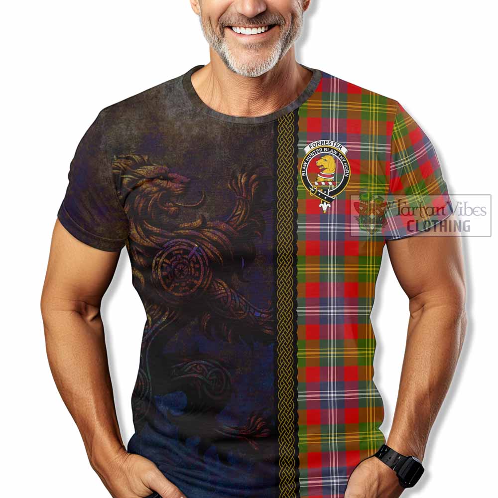 Tartan Vibes Clothing Forrester (Foster) Tartan Family Crest T-Shirt Alba Gu Brath Be Brave Lion Ancient Style