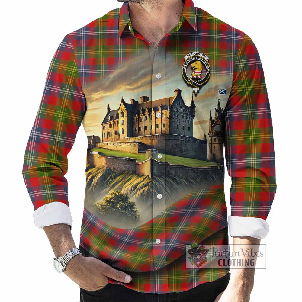 Tartan Vibes Clothing Forrester (Foster) Tartan Family Crest Long Sleeve Button Shirt with Scottish Ancient Castle Style