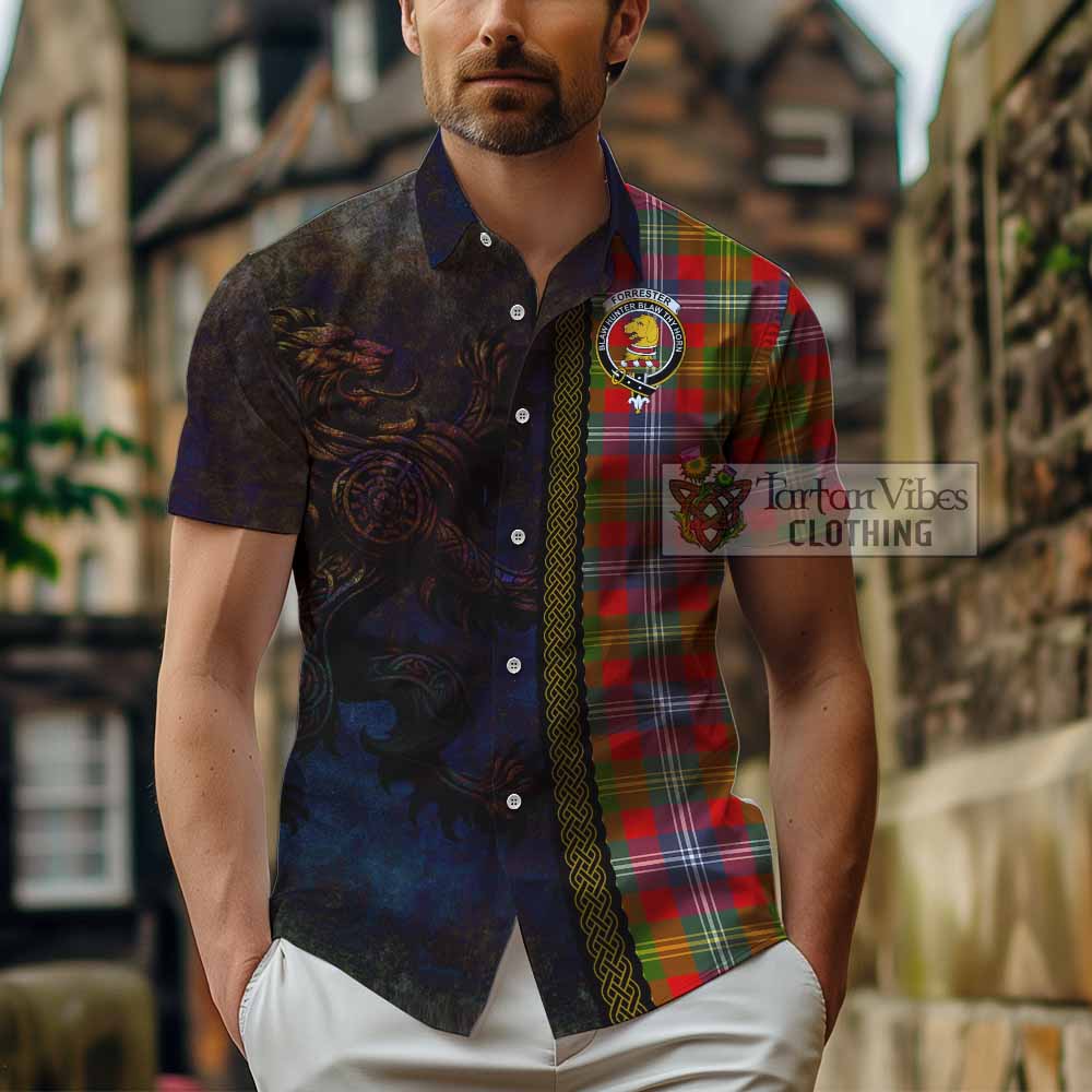 Tartan Vibes Clothing Forrester (Foster) Tartan Family Crest Short Sleeve Button Shirt Alba Gu Brath Be Brave Lion Ancient Style
