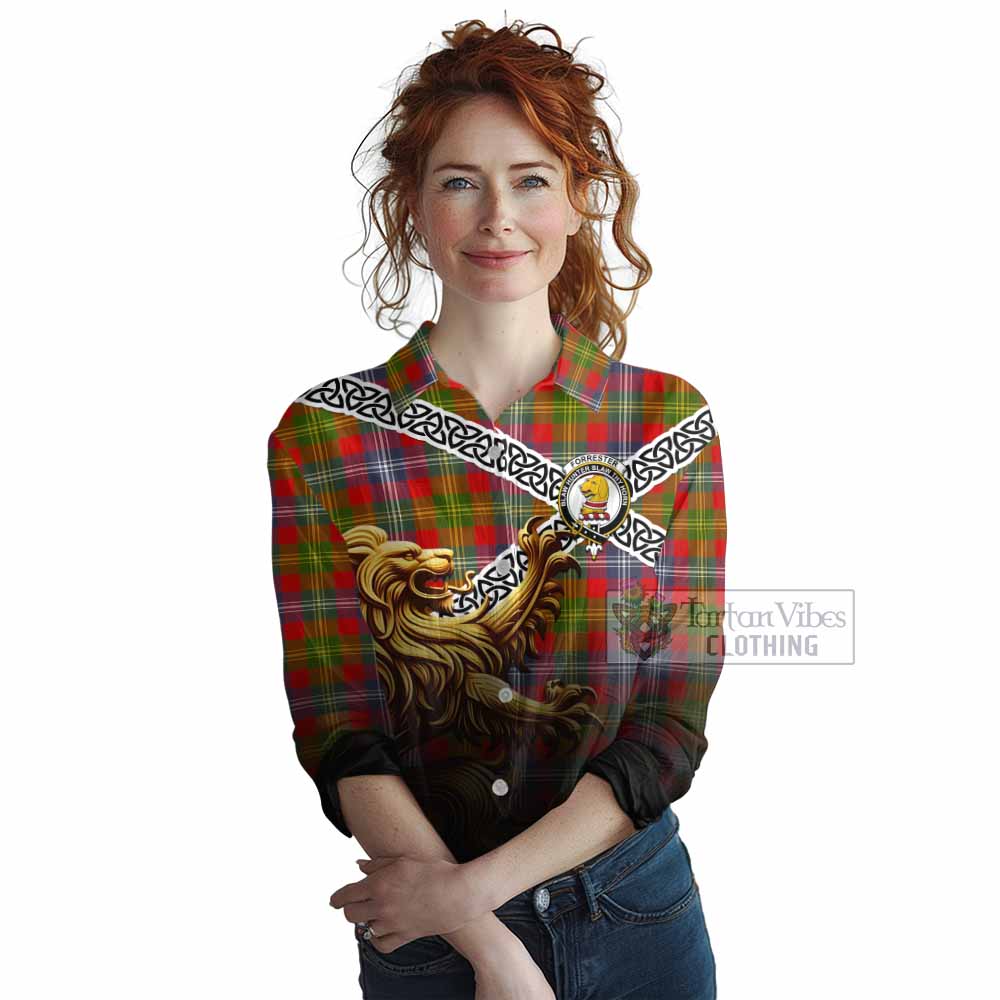Tartan Vibes Clothing Forrester (Foster) Crest Tartan Women's Casual Shirt with Golden Lion Emblem Celtic Style