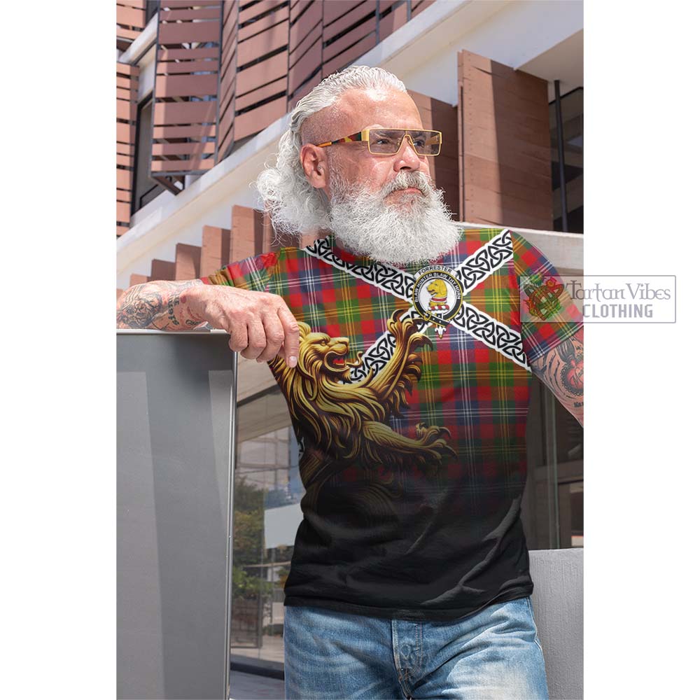 Tartan Vibes Clothing Forrester (Foster) Crest Tartan Cotton T-shirt with Golden Lion Emblem Celtic Style