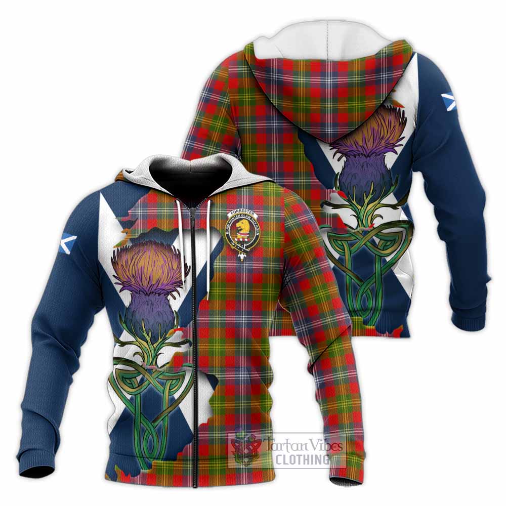 Tartan Vibes Clothing Forrester (Foster) Tartan Family Crest Knitted Hoodie Scottish Thistle Celtic Inspired