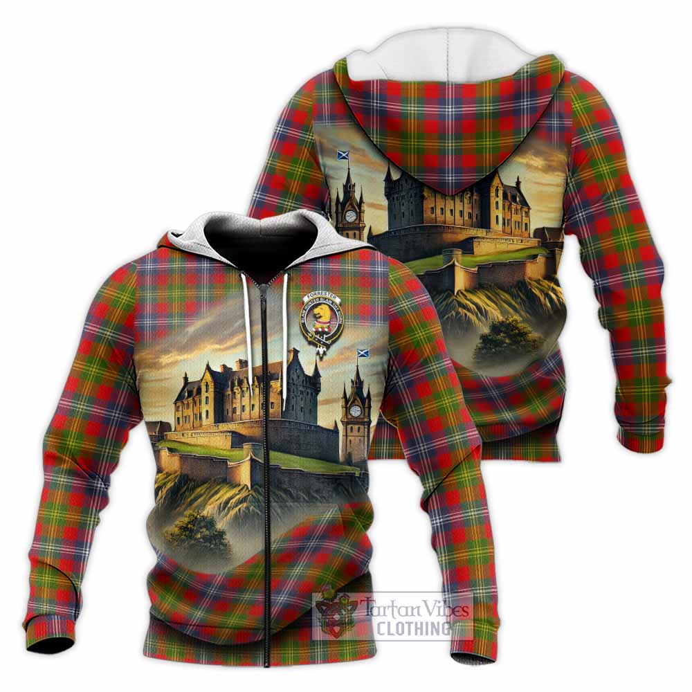 Tartan Vibes Clothing Forrester (Foster) Tartan Family Crest Knitted Hoodie with Scottish Ancient Castle Style