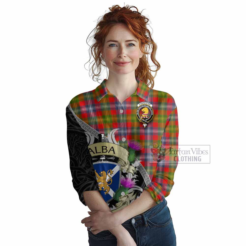 Tartan Vibes Clothing Forrester (Foster) Tartan Family Crest Women's Casual Shirt Lion Rampant Royal Thistle Shield Celtic Inspired