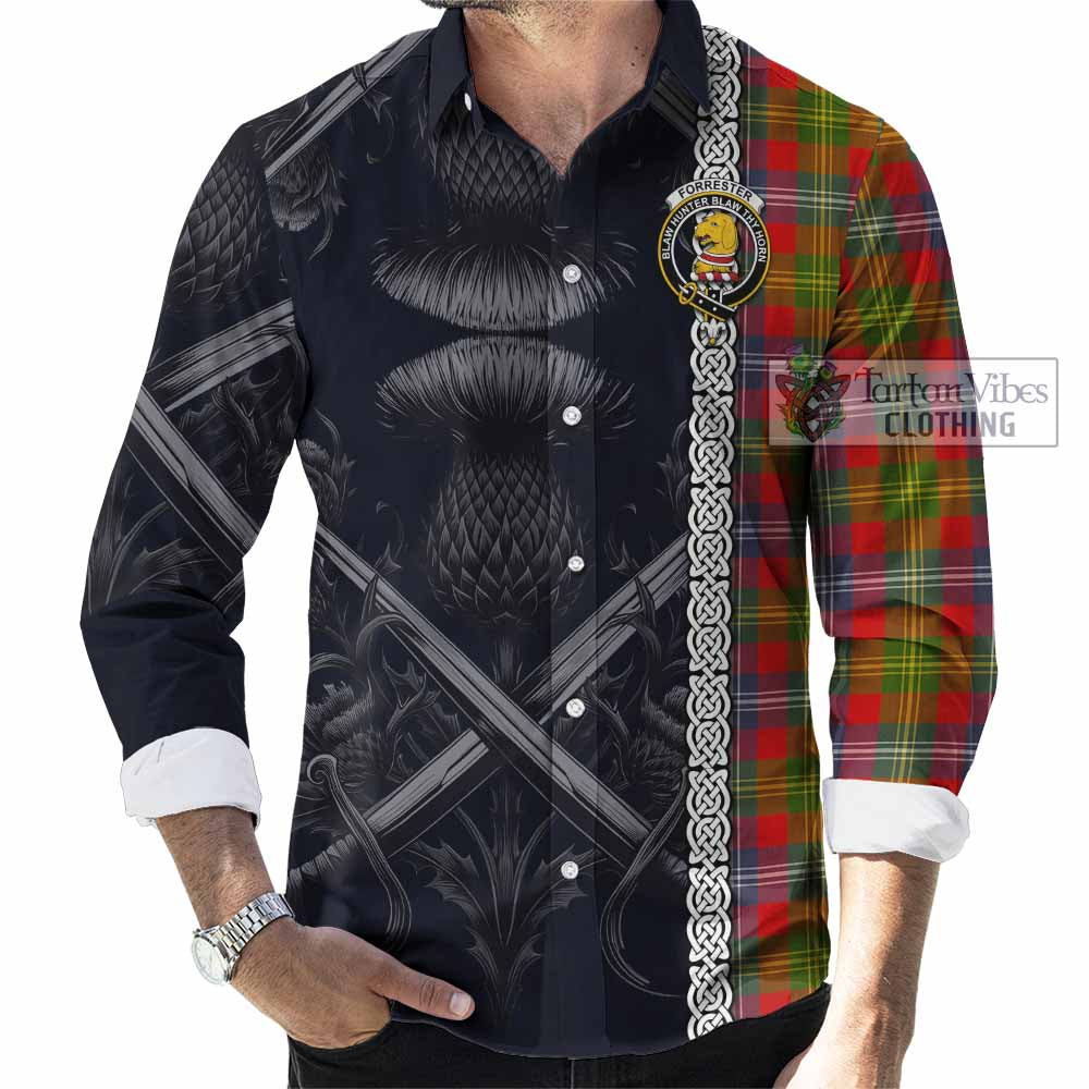Tartan Vibes Clothing Forrester (Foster) Tartan Long Sleeve Button Shirt with Family Crest Cross Sword Thistle Celtic Vibes