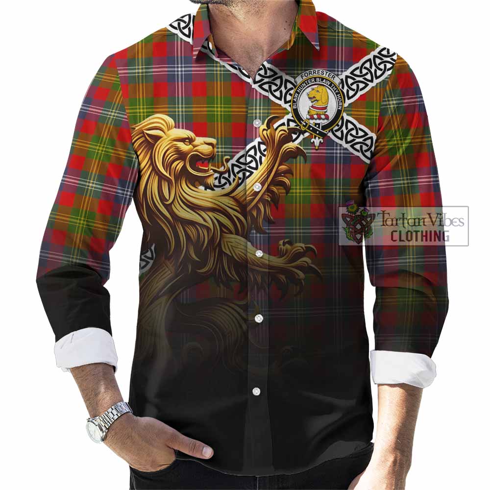 Tartan Vibes Clothing Forrester (Foster) Crest Tartan Long Sleeve Button Shirt with Golden Lion Emblem Celtic Style