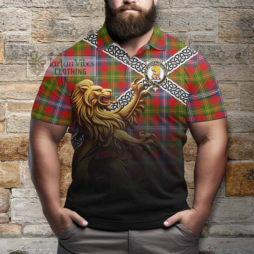 Tartan Vibes Clothing Forrester (Foster) Crest Tartan Polo Shirt with Golden Lion Emblem Celtic Style