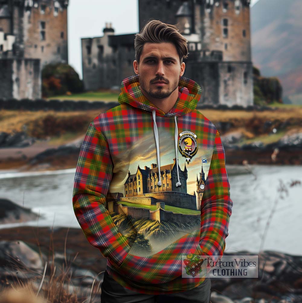 Tartan Vibes Clothing Forrester (Foster) Tartan Family Crest Cotton Hoodie with Scottish Ancient Castle Style