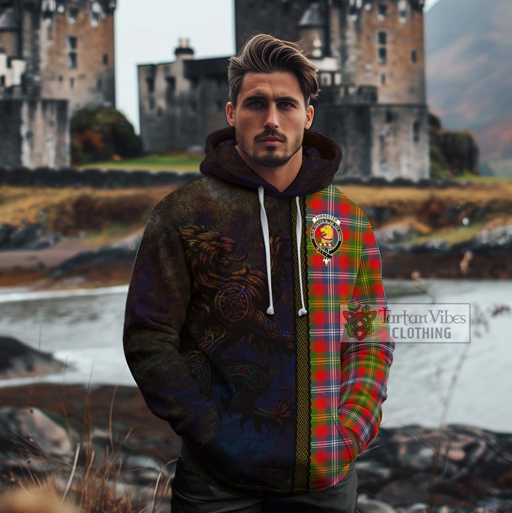 Tartan Vibes Clothing Forrester (Foster) Tartan Family Crest Cotton Hoodie Alba Gu Brath Be Brave Lion Ancient Style