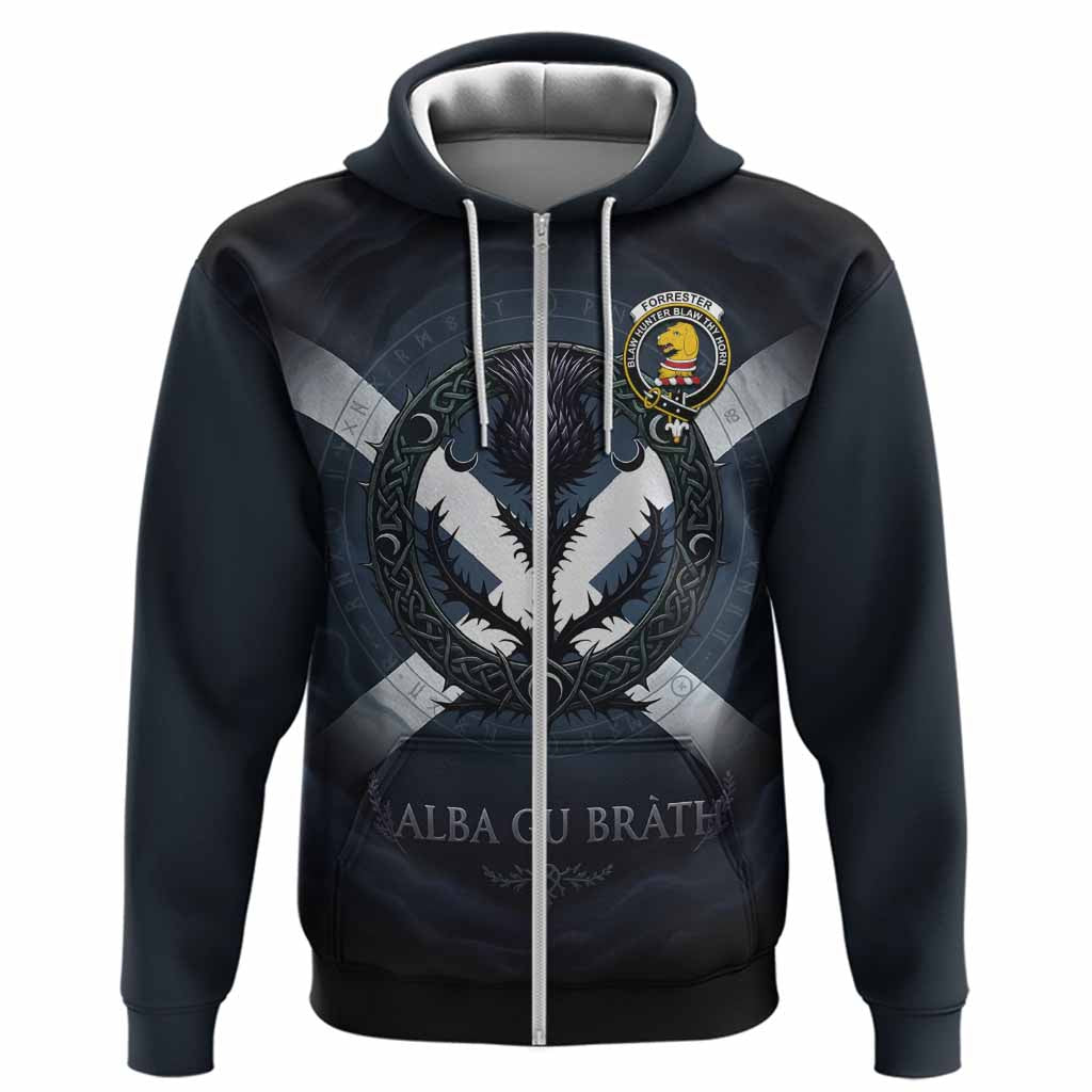 Forrester (Foster) Clan Crest Hoodie with Celtic Knot Thistle and Saltire
