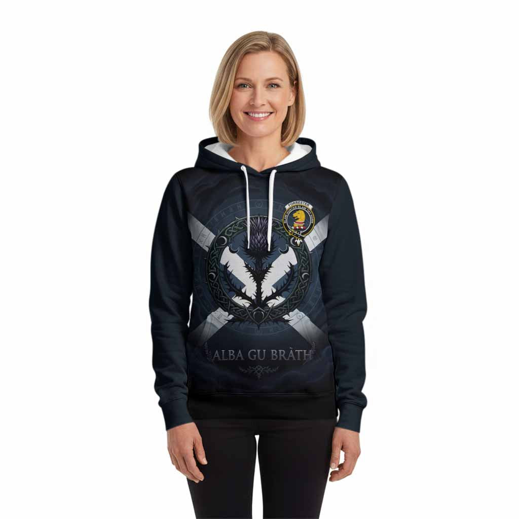 Forrester (Foster) Clan Crest Hoodie with Celtic Knot Thistle and Saltire