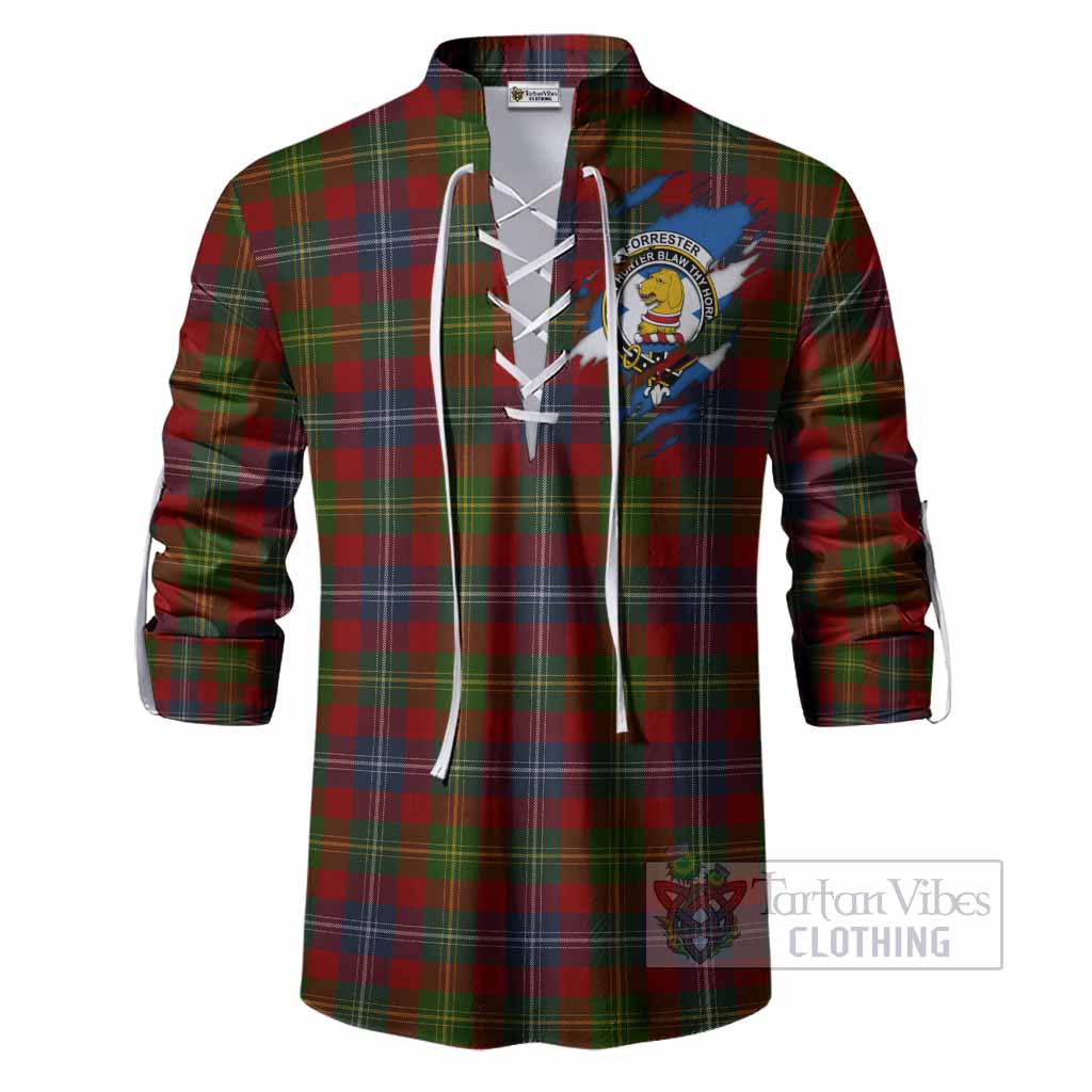 Forrester (Foster) Clan Crest In Me Tartan Ghillie Shirt Scotland Flag Style