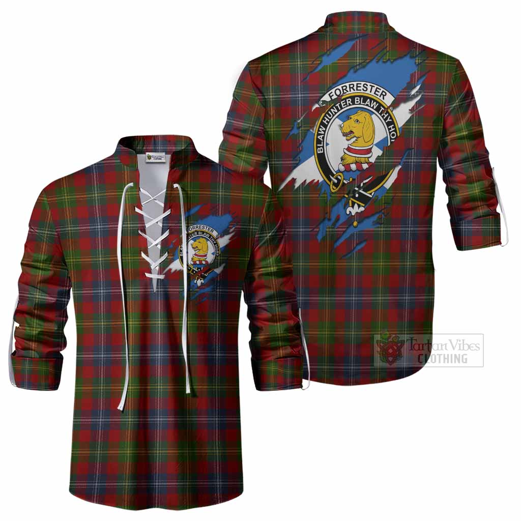 Forrester (Foster) Clan Crest In Me Tartan Ghillie Shirt Scotland Flag Style