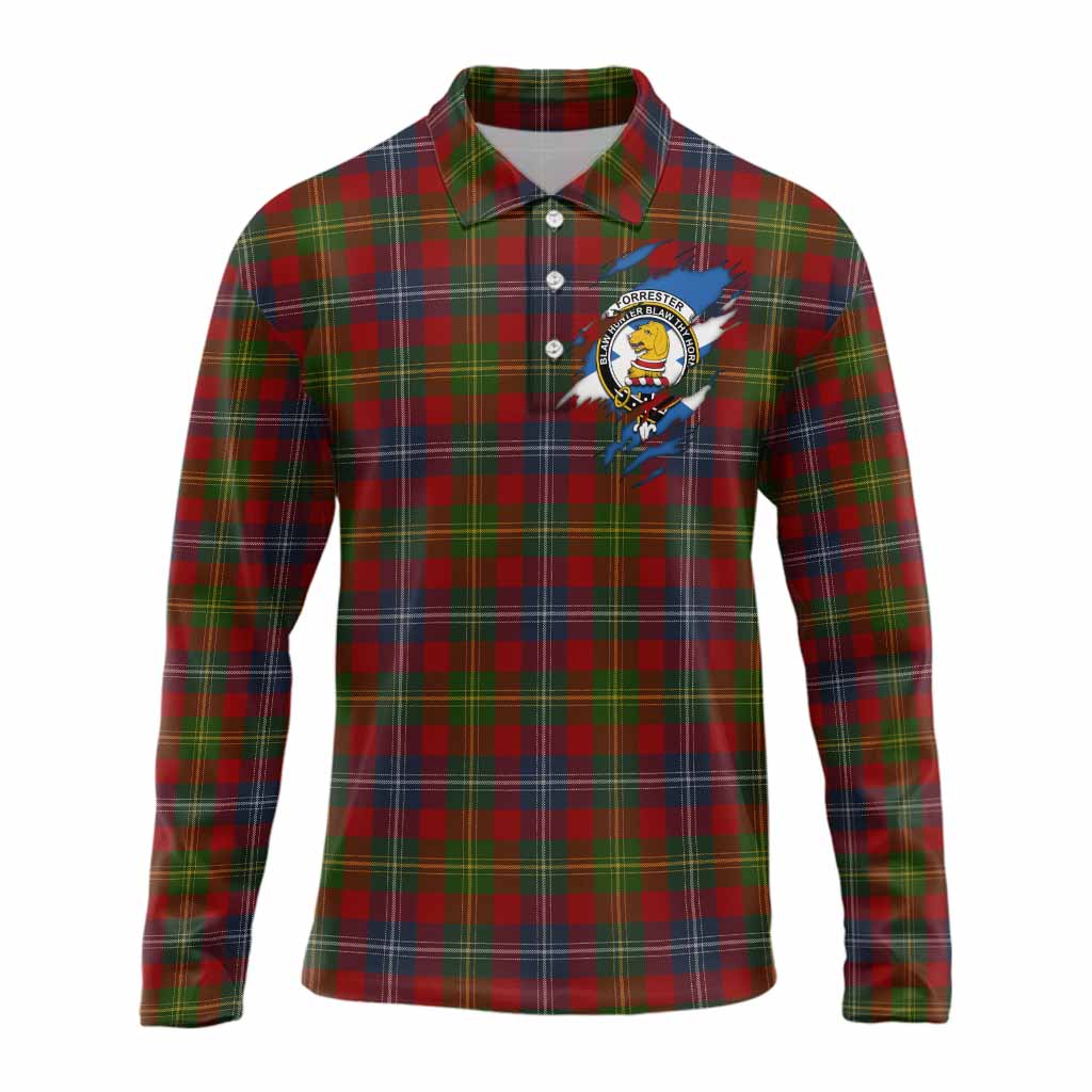 Forrester (Foster) Clan Crest In Me Tartan Long Sleeve Polo Shirt Scotland Flag Style