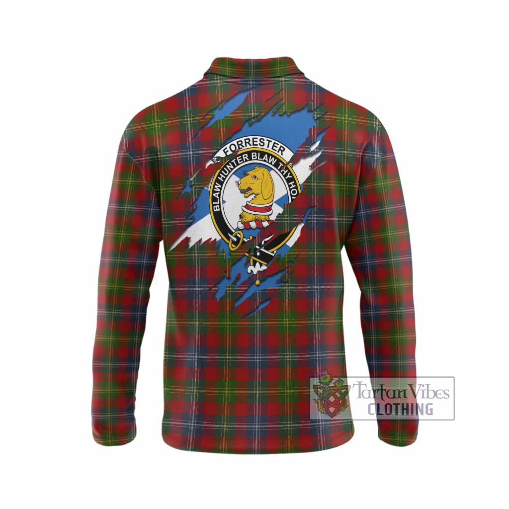 Forrester (Foster) Clan Crest In Me Tartan Long Sleeve Polo Shirt Scotland Flag Style