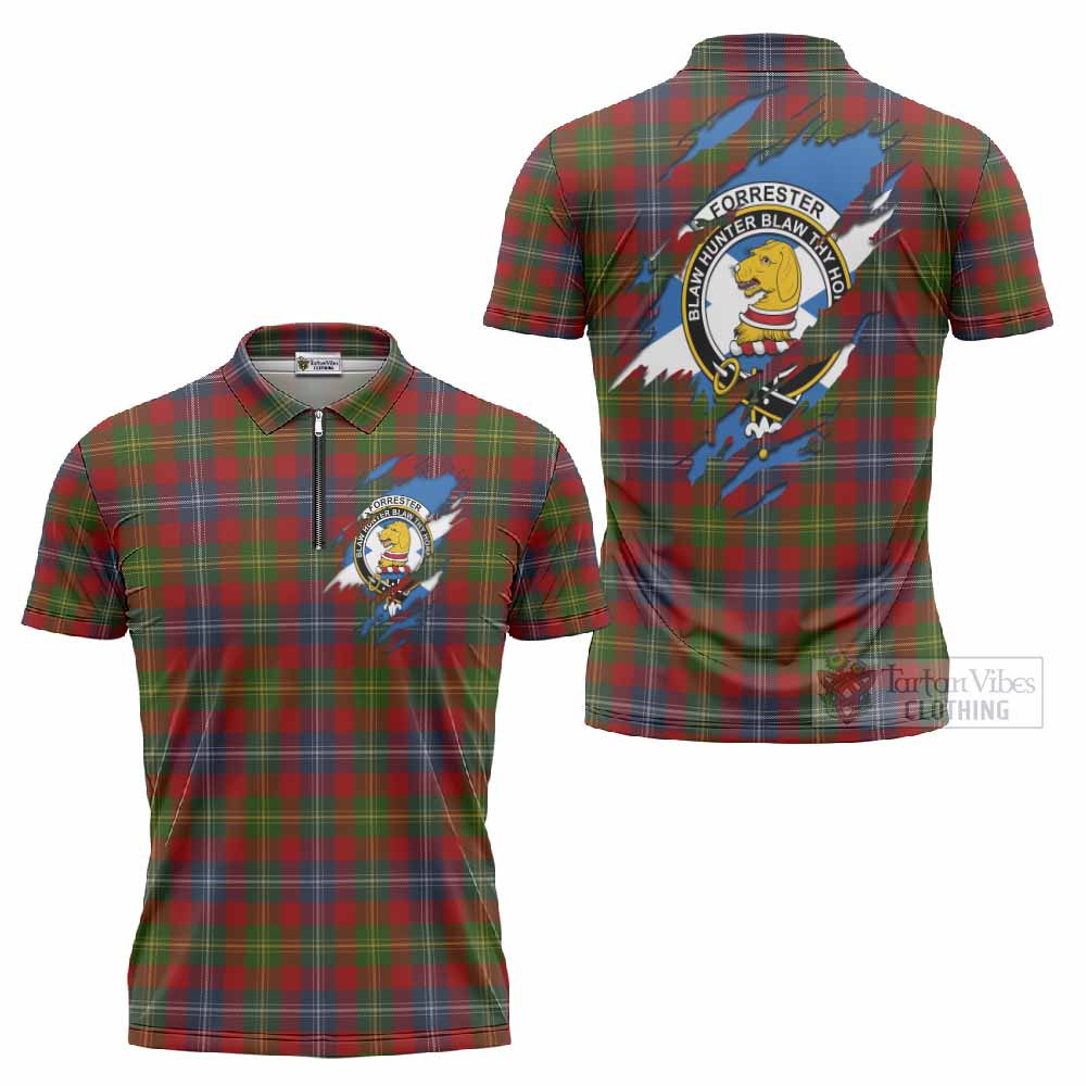 Forrester (Foster) Clan Crest In Me Tartan Zipper Polo Shirt Scotland Flag Style